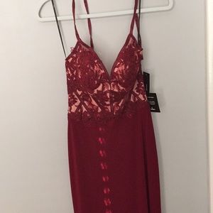 Long burgundy lace bodice dress from Lulus